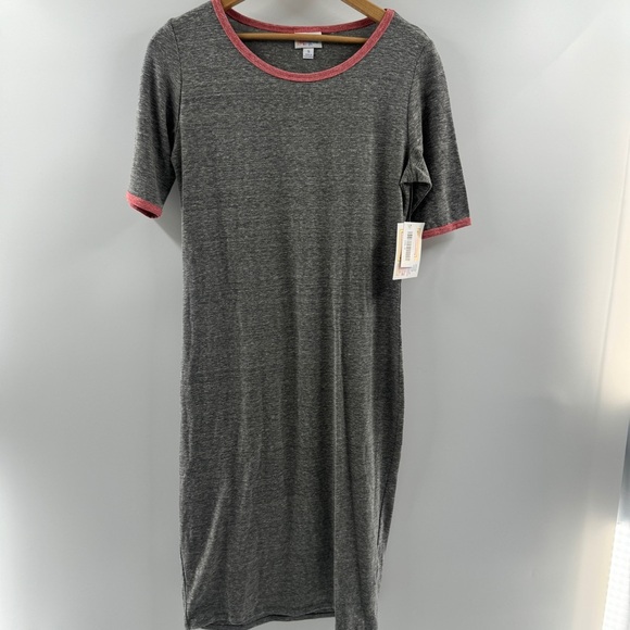 LuLaRoe Julia Midi Dress Small Heathered Grey with Dark Pink Trim NWT - Picture 1 of 7